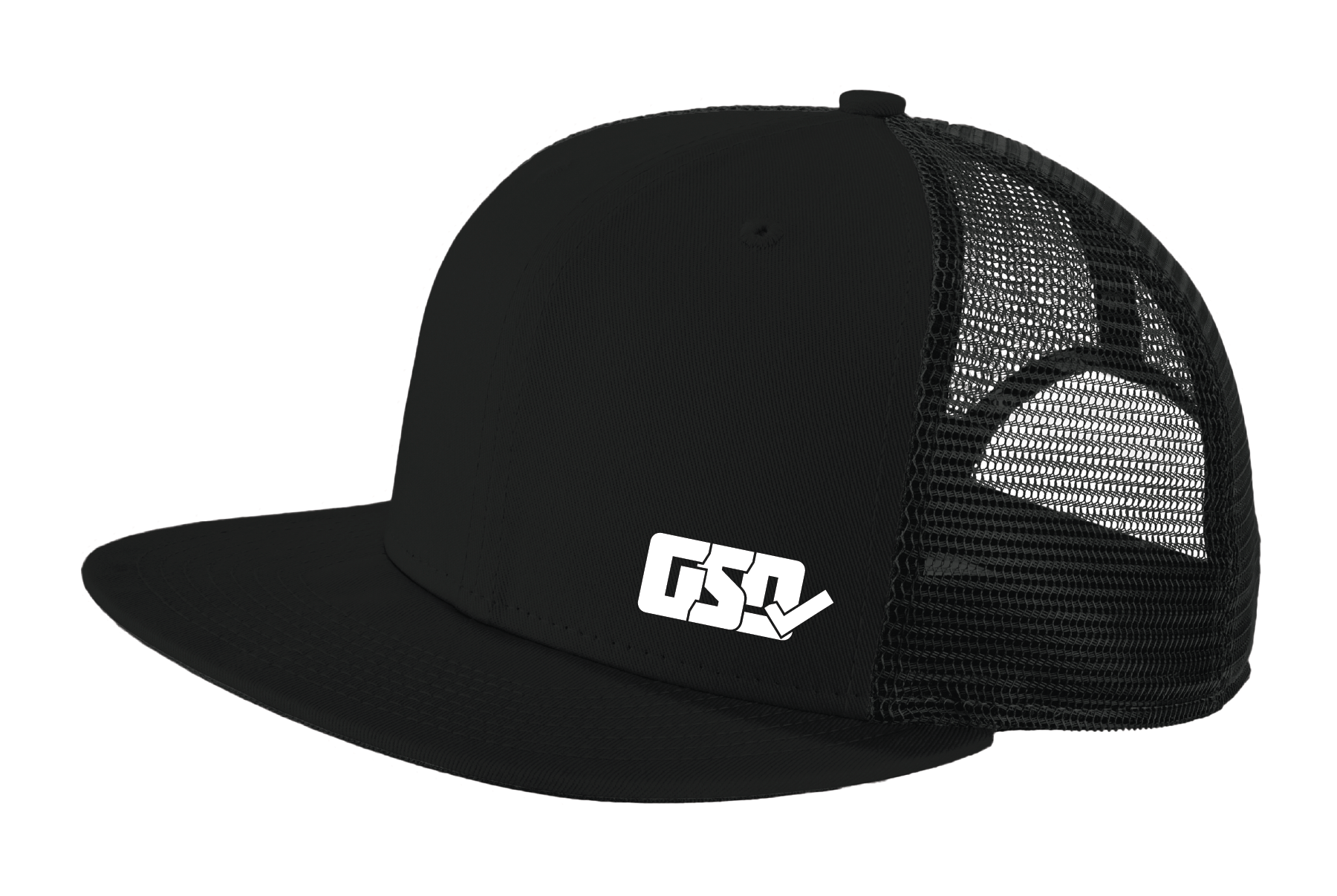 GSD LEFTY Mesh Snap Back Flat Brim Hat - Black / White - "Mike Jack"