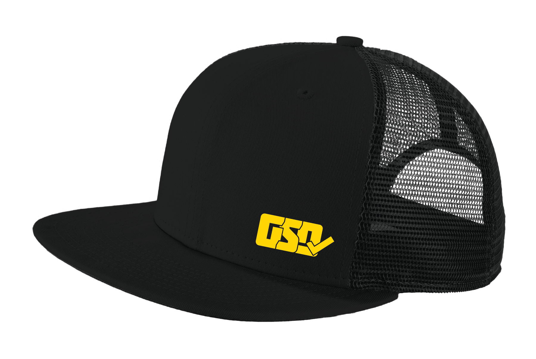 GSD LEFTY Mesh Snap Back Flat Brim Hat - Black / Yellow - "Wiz"