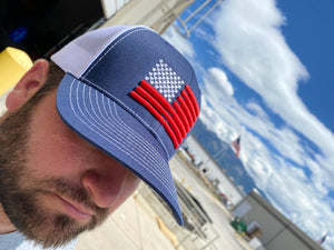 American Flag Mesh Snap Back Hat - Navy / White